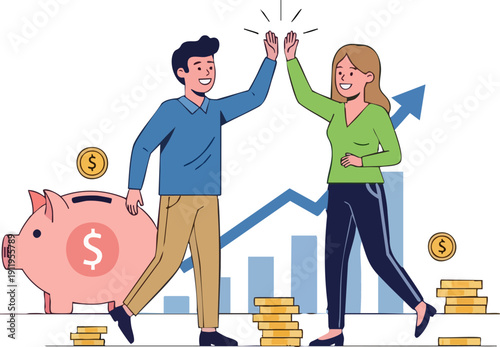 Happy couple celebrating financial success with savings and investment growth