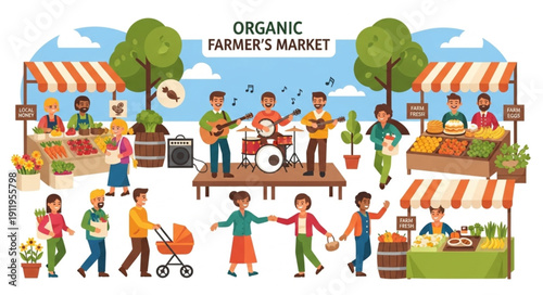 Vibrant Organic Farmer's Market Scene with Diverse Community.