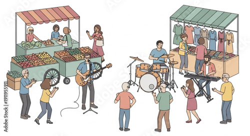 Vibrant street performers and vendors at a lively outdoor market.