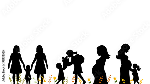 silhouettes of various mothers and children walking in line for family greeting