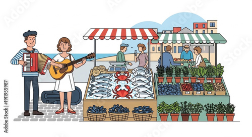 Vibrant street market scene with musicians and fresh produce.