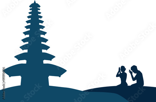 Balinese person praying silhouette for religion celebration, nyepi day, hinduism vector illustration.
