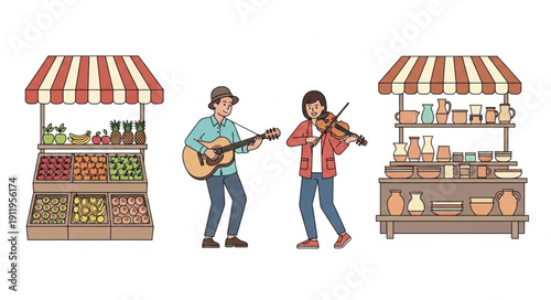 Street performers playing music near market stalls with fresh produce and goods.