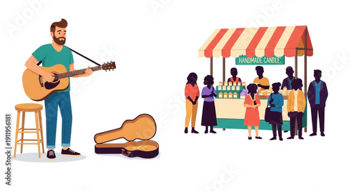 Street performer playing guitar for crowd at market stall.