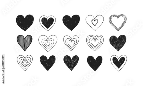 Creative variety of sketched heart shapes, black and white, hand-drawn illustrations for love and emotion themes