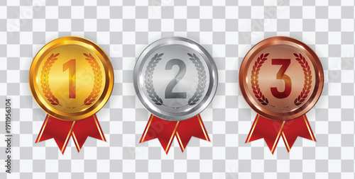 Gold, silver, and bronze award ribbons with numbers 1, 2, 3 vector illustration