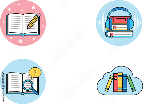 Digital Education Icon Set Vector Audiobook Cloud Library And Research Study Symbols For Modern Online Learning And Knowledge