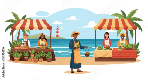 Vibrant beachside market scene with vendors and tropical surroundings.