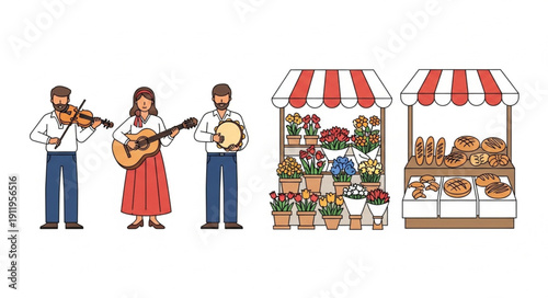 Street performers entertaining crowd near flower and bakery stalls.