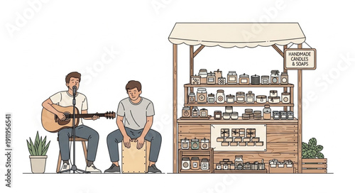 Two men playing music together beside a coffee stall.