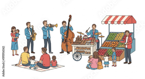 Vibrant street performers and fruit vendor at a lively outdoor market.