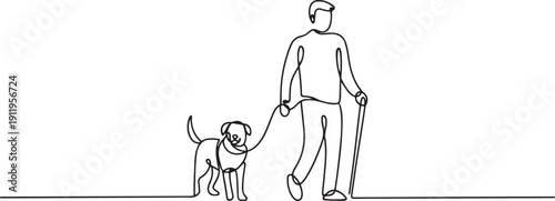 Blind man and guide dog. one line Art icon drawing