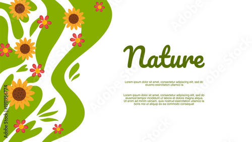 modern green wavy banner with sunflowers and text space for nature advertising