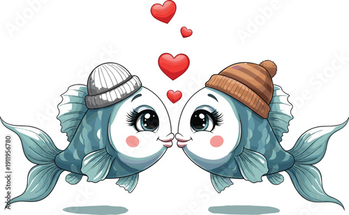 Two cartoon fish kissing under heart shape for love and affection illustration