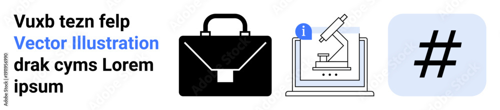 Fototapeta premium Black briefcase, microscope on monitor, and metadata tag icons reflect modern business, science, and social media. Ideal for business, research, technology, connectivity marketing education simple