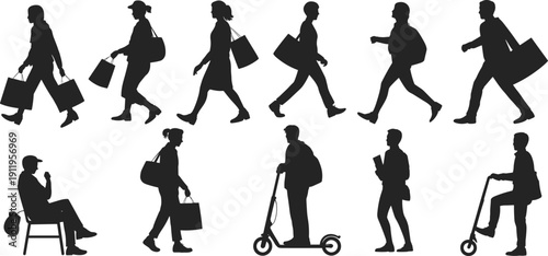 People silhouettes set walking with shopping bags, commuters and pedestrians with backpacks, scooter rider and sitting man, isolated on white background urban lifestyle.