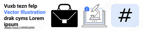 Black briefcase, microscope on monitor, and metadata tag icons reflect modern business, science, and social media. Ideal for business, research, technology, connectivity marketing education simple