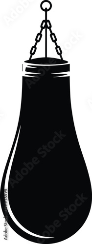 Black silhouette of a heavy boxing punching bag hanging from a chain, combat sports training equipment, flat vector illustration isolated.