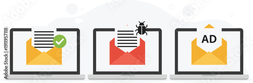 Digital Email Security Icon Set Vector Laptop With Verified Message Malware Bug Alert and Advertisement Notification Symbols