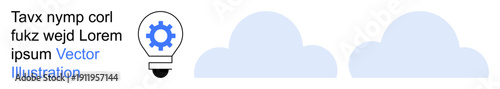 Technology innovation, cloud computing, business strategy, idea generation, digital solutions, creative concepts. Light bulb with gear icon next to two clouds. Technology innovation and cloud