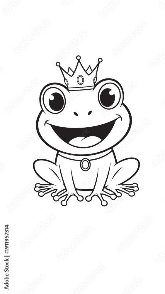 Fototapeta premium Whimsical cartoon frog wearing a crown, a cute prince character in a playful illustration.