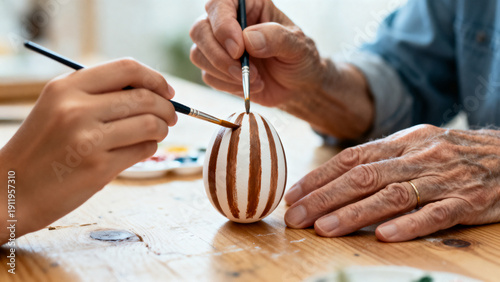 Child and elder painting Easter egg together, guided hands, warm intergenerational moment in home craft setting