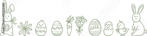 Doodle easter bunny banner, cute vector hand drawn stickers frame