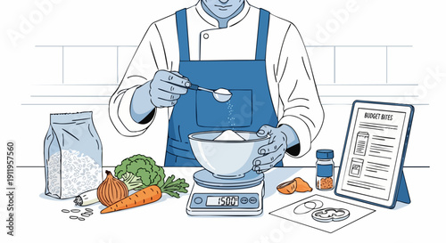 Professional Male Chef Preparing Dough Using Digital Tablet Recipe in Kitchen