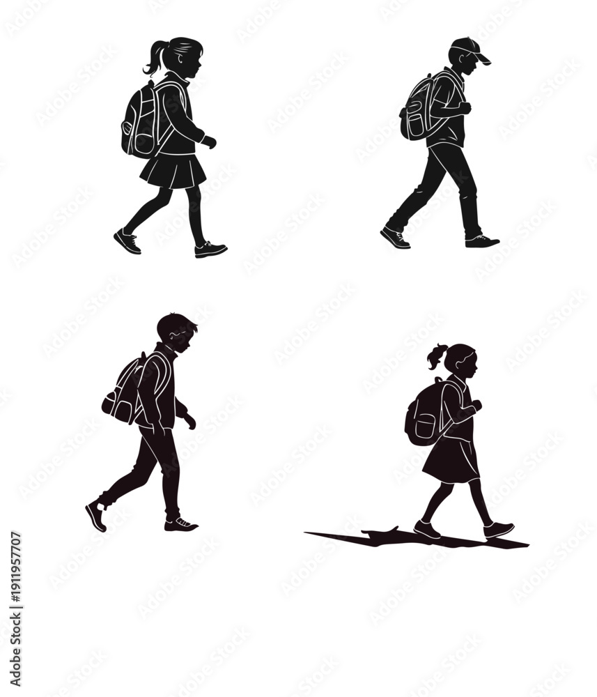 Fototapeta premium Vector silhouettes of people featuring a man with a gun and active figures in sport or dance action create a black art illustration of men and children in shadow