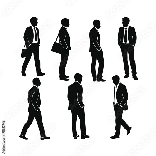 A vector illustration of a professional team and business people silhouettes featuring a group of businessmen and businesswomen in suits standing and walking to represent office teamwork and success