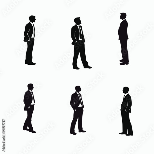 A professional vector illustration featuring a diverse team of business people silhouettes in suits, including businessmen and businesswomen standing and walking together to represent office teamwork 