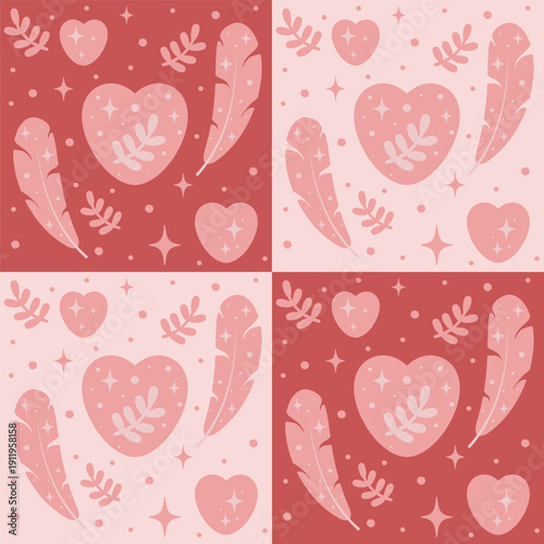 Fotografía A red and pink patchwork pattern for Valentine's Day with hearts, twigs, feathers and stars