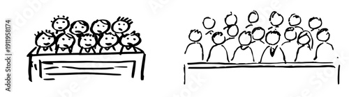 A jury of cartoon figures in a simple, wobbly courtroom