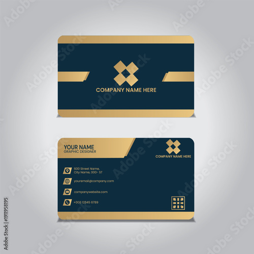  Dark blue and golden luxury premium business card design template. Modern premium visiting card design