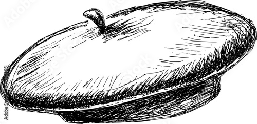 A whimsical doodle of a beret hat with a simple sketch of a tree on top.