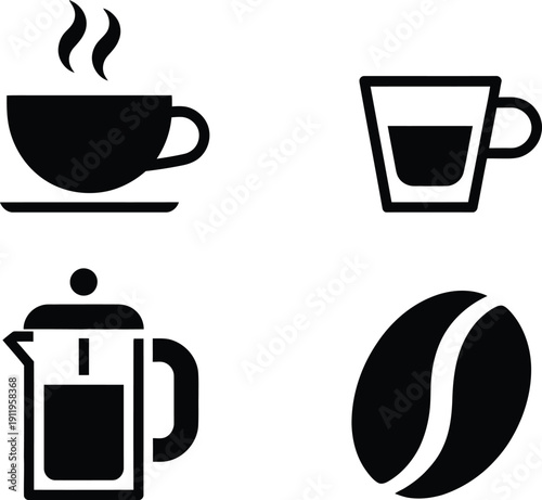 A set of four black silhouette icons related to coffee, including a cup, French press, and coffee bean.