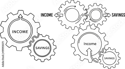 Financial planning concept showing income and savings interacting through gears