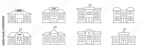 School Building Icon Set Flat Vector Education Symbols Pack Isolated on White Background.eps10