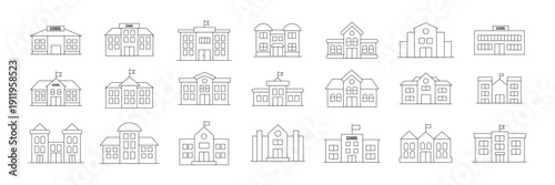 School Building Icon Set Flat Vector Education Symbols Pack Isolated on White Background.eps10
