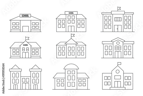 School Building Icon Set Flat Vector Education Symbols Pack Isolated on White Background.eps10