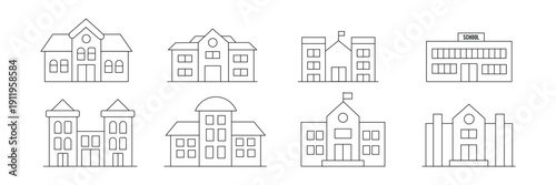 School Building Icon Set Flat Vector Education Symbols Pack Isolated on White Background.eps10