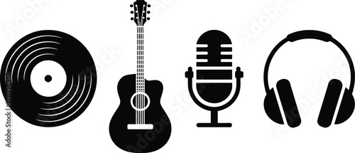 Collection of music icons  vinyl record, guitar, vintage microphone, and headphones, in silhouette.