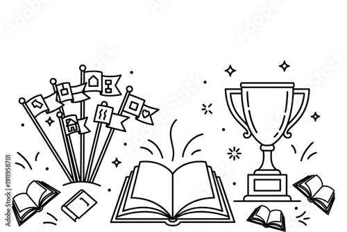 A confident businesswoman raises her arms in triumph against a vibrant sunset backdrop, symbolizing achievement and corporate success in a sleek office environment.