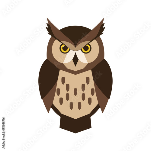 Brown Owl with Yellow Eyes Vector Illustration.