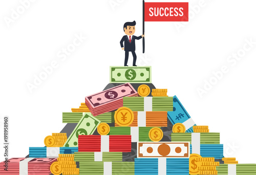 Businessman standing atop a huge pile of money holding a success flag