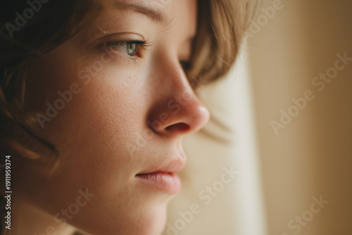 Close-up portrait of a girl with a calm expression, completely immersed in her thoughts