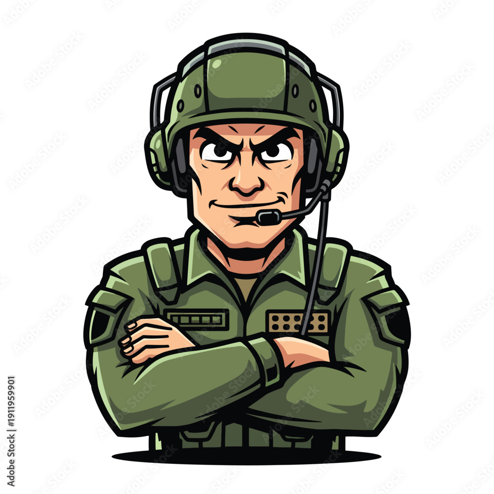 Fototapeta premium Vigilant Military Commander Character Illustration with Communication Headset Posing Confidently