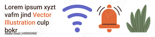 Technology, connectivity, notifications, nature, digital communication, wireless signals. wireless symbol, an alert bell and grass set against text. Technology and connectivity concepts