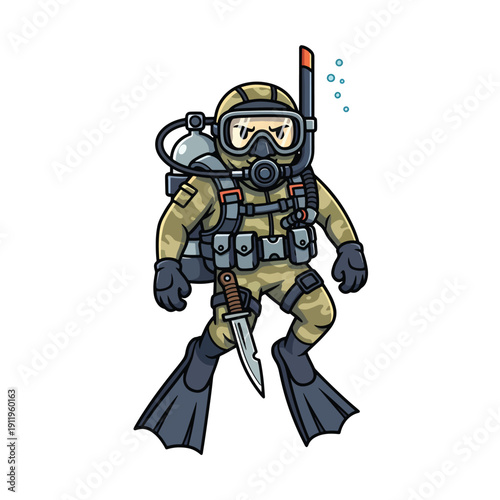 Dynamic Cartoon Military Scuba Diver Character in Full Tactical Gear Underwater