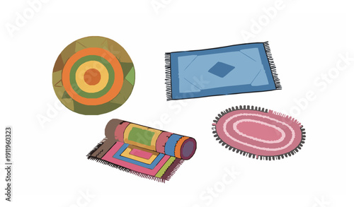 Cartoon wool carpets and rugs vector set with colorful mats, bath rugs, and textile decorations for home and interior design